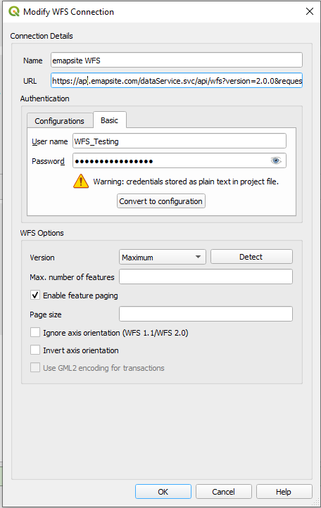 Screenshot showing enabling of feature paging in WFS Connection Options