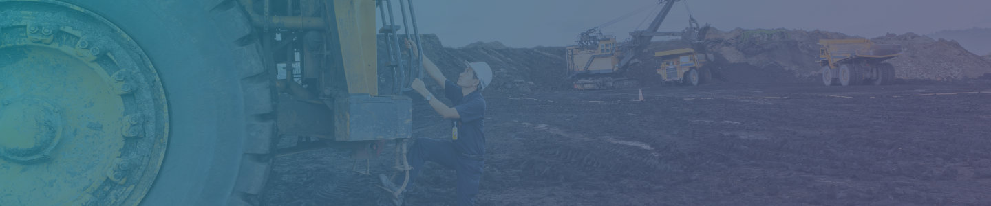 Man climbing onto huge digger in quarry banner with teal to purple tint
