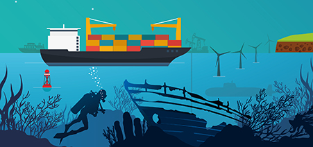emapsite marine application marketing illustration - Diver, shipwreck, container ship