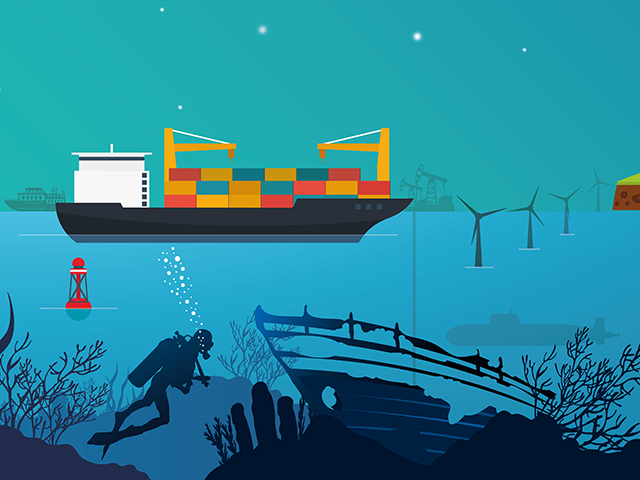 emapsite marine application marketing illustration - Diver, shipwreck, container ship