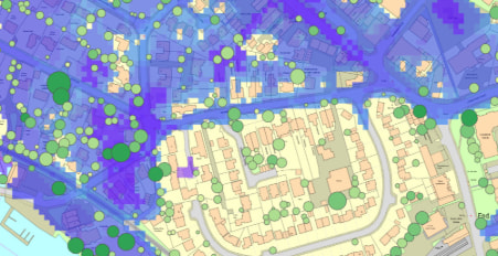 Flood and Tree data overlaid on OS MasterMap