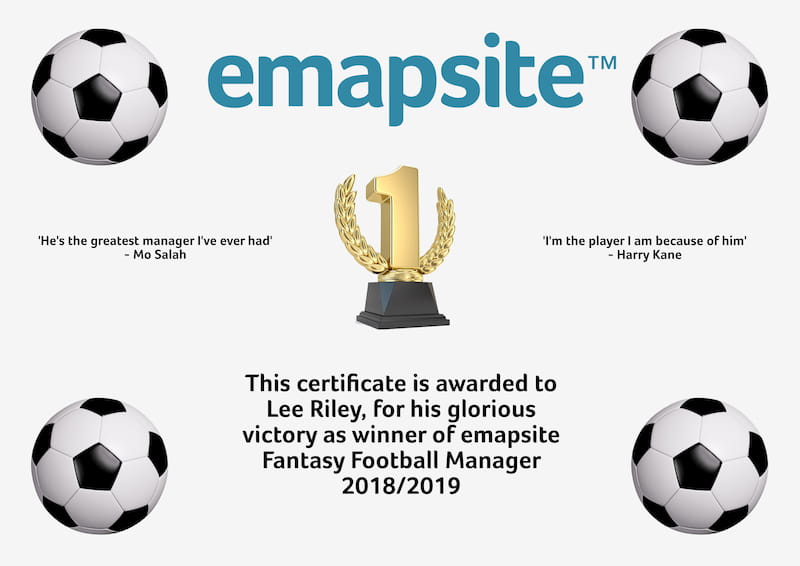 emapsite Fantasy Football Winner 2018-2019 Certificate