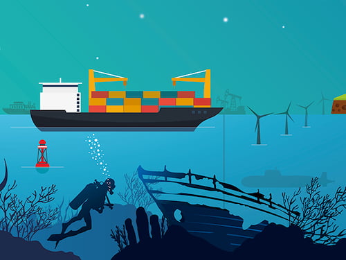 emapsite marine artwork - underwater diver, shipwreck, wind turbines, container ship