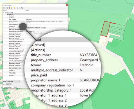 View of HMLR data with OS MasterMap with site polygon highlighted in red and zoom in graphic on data table