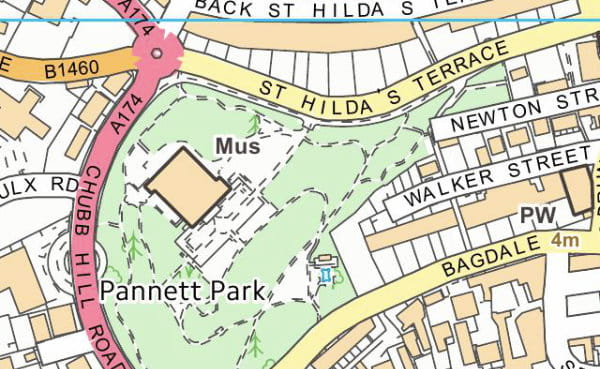 Sample image of OS VectorMap Local raster mapping showing an urban park