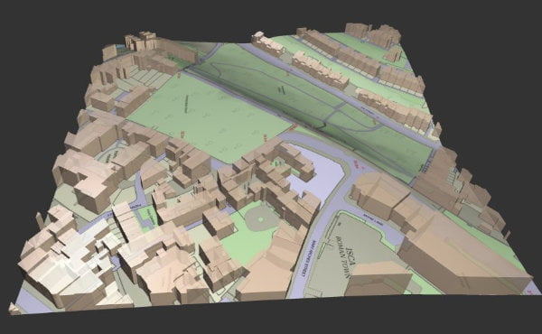 Sample image of OS MasterMap combined with its building heights data and OS Terrain 5 height data
