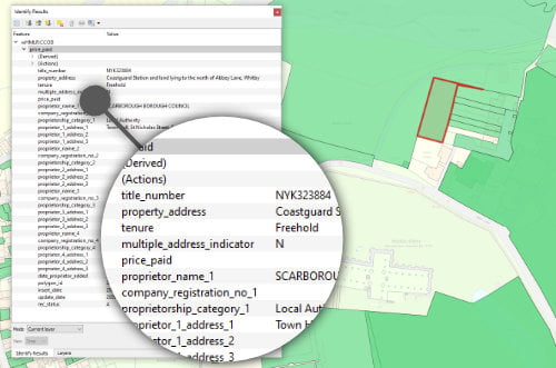 View of HMLR data with OS MasterMap with site polygon highlighted in red and zoom in graphic on data table