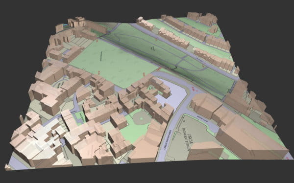 Looking down at 3D model of OS MasterMap with Building heights, overlaid OS Terrain 5 height data within CAD software