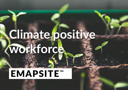 Close up of hands planting a tree, with the words emapsite, climate positive workforce overlaid