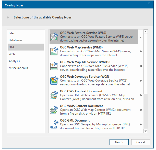 Screenshot showing OGC overlay type selection